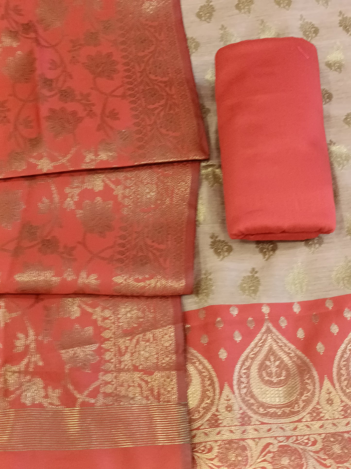 Tussar Cotton Floral Zari Booti with Contrast Red Silk Border Banarasi Suit 525IM_CTN5