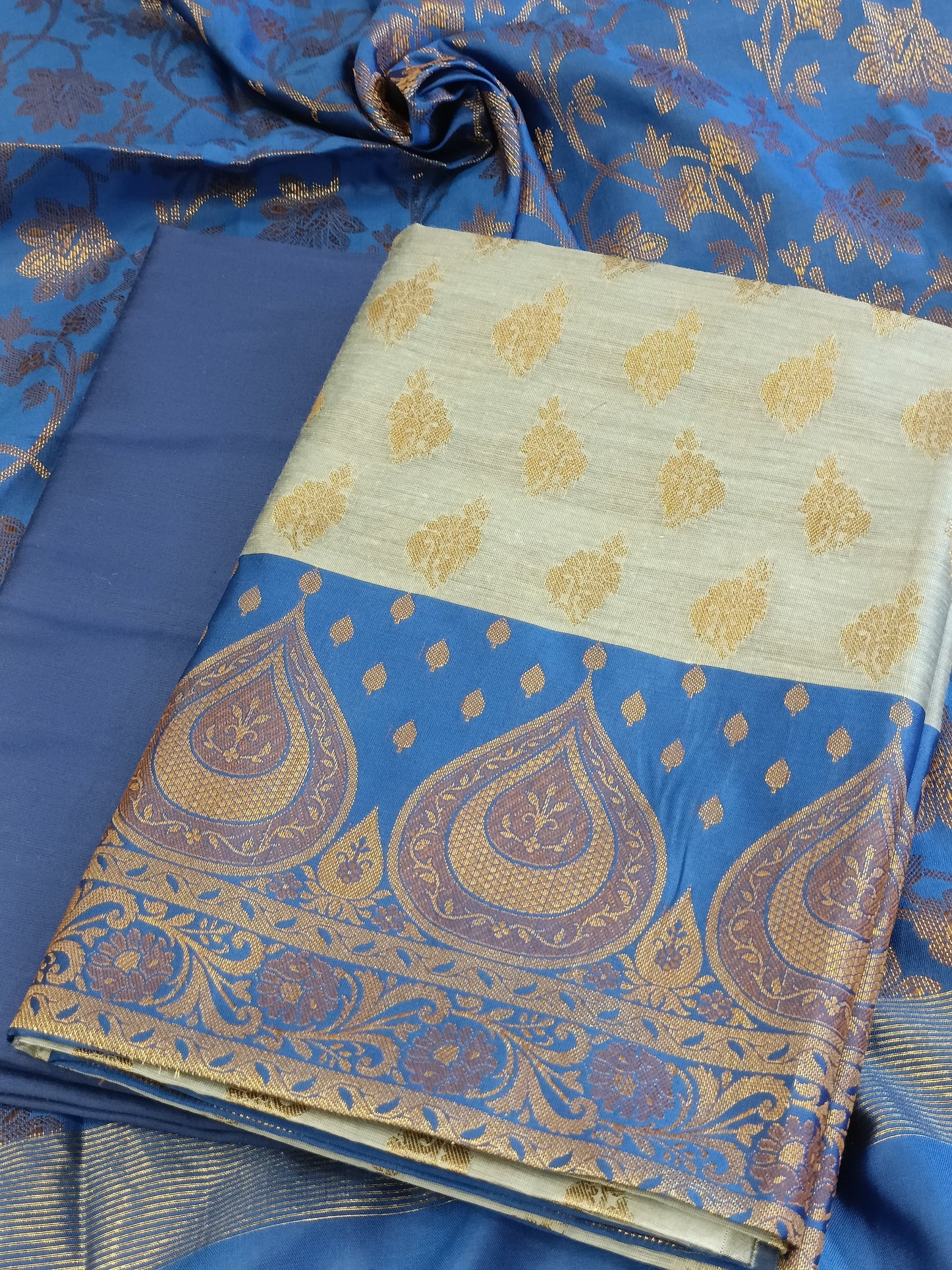 Light Blue Cotton Floral Zari Booti with Contrast Blue Silk Border Banarasi Suit 525IM_CTN6