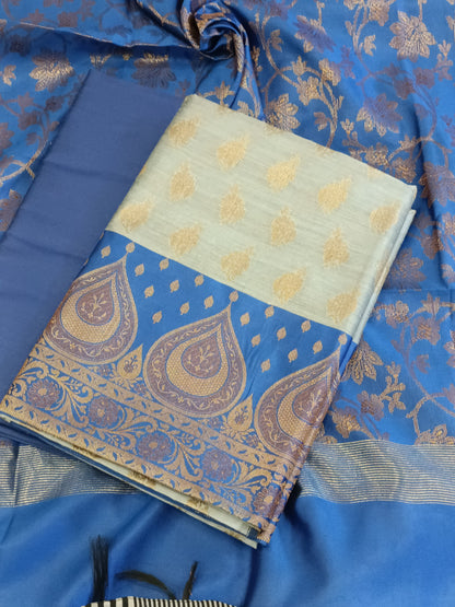 Light Blue Cotton Floral Zari Booti with Contrast Blue Silk Border Banarasi Suit 525IM_CTN6