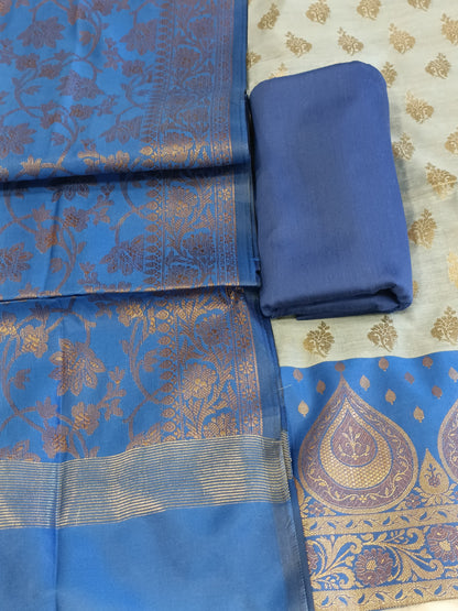Light Blue Cotton Floral Zari Booti with Contrast Blue Silk Border Banarasi Suit 525IM_CTN6