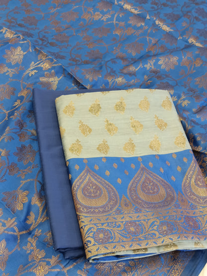 Light Blue Cotton Floral Zari Booti with Contrast Blue Silk Border Banarasi Suit 525IM_CTN6