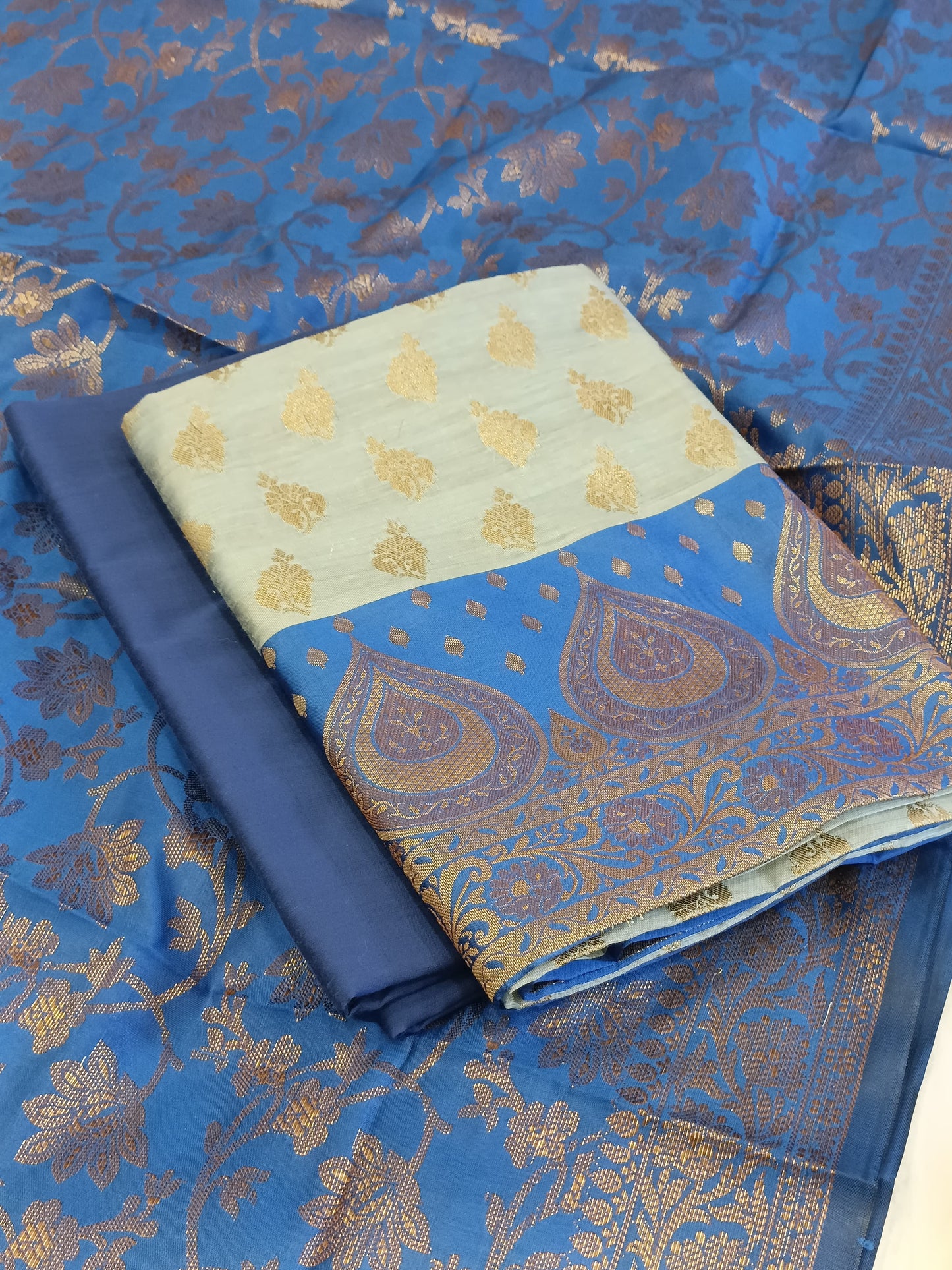 Light Blue Cotton Floral Zari Booti with Contrast Blue Silk Border Banarasi Suit 525IM_CTN6
