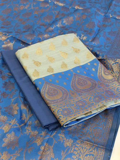 Light Blue Cotton Floral Zari Booti with Contrast Blue Silk Border Banarasi Suit 525IM_CTN6