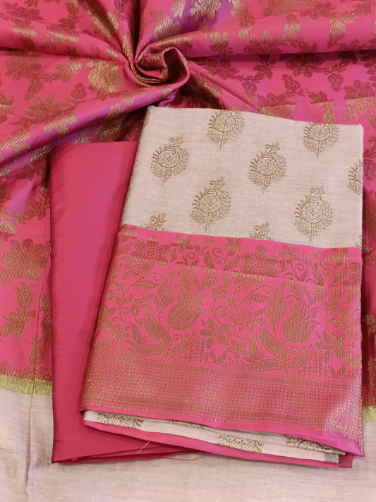 Light Magenta Cotton Floral Zari Booti with Contrast Magenta Silk Border Banarasi Suit 525IM_CTN7