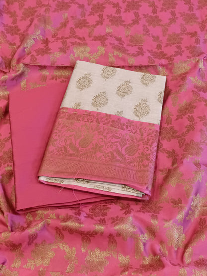Light Magenta Cotton Floral Zari Booti with Contrast Magenta Silk Border Banarasi Suit 525IM_CTN7