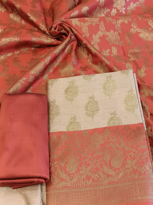 Light Mauve Cotton Floral Zari Booti with Contrast Red Silk Border Banarasi Suit 525IM_CTN8