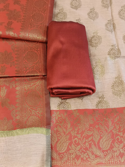 Light Mauve Cotton Floral Zari Booti with Contrast Red Silk Border Banarasi Suit 525IM_CTN8