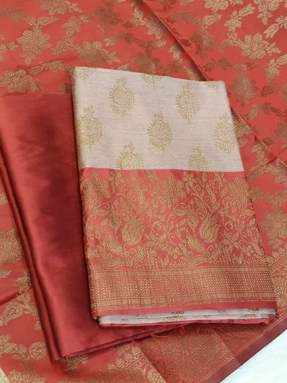 Light Mauve Cotton Floral Zari Booti with Contrast Red Silk Border Banarasi Suit 525IM_CTN8