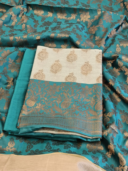 Light seagreen Cotton Floral Zari Booti with Contrast Seagreen Silk Border Banarasi Suit 525IM_CTN9