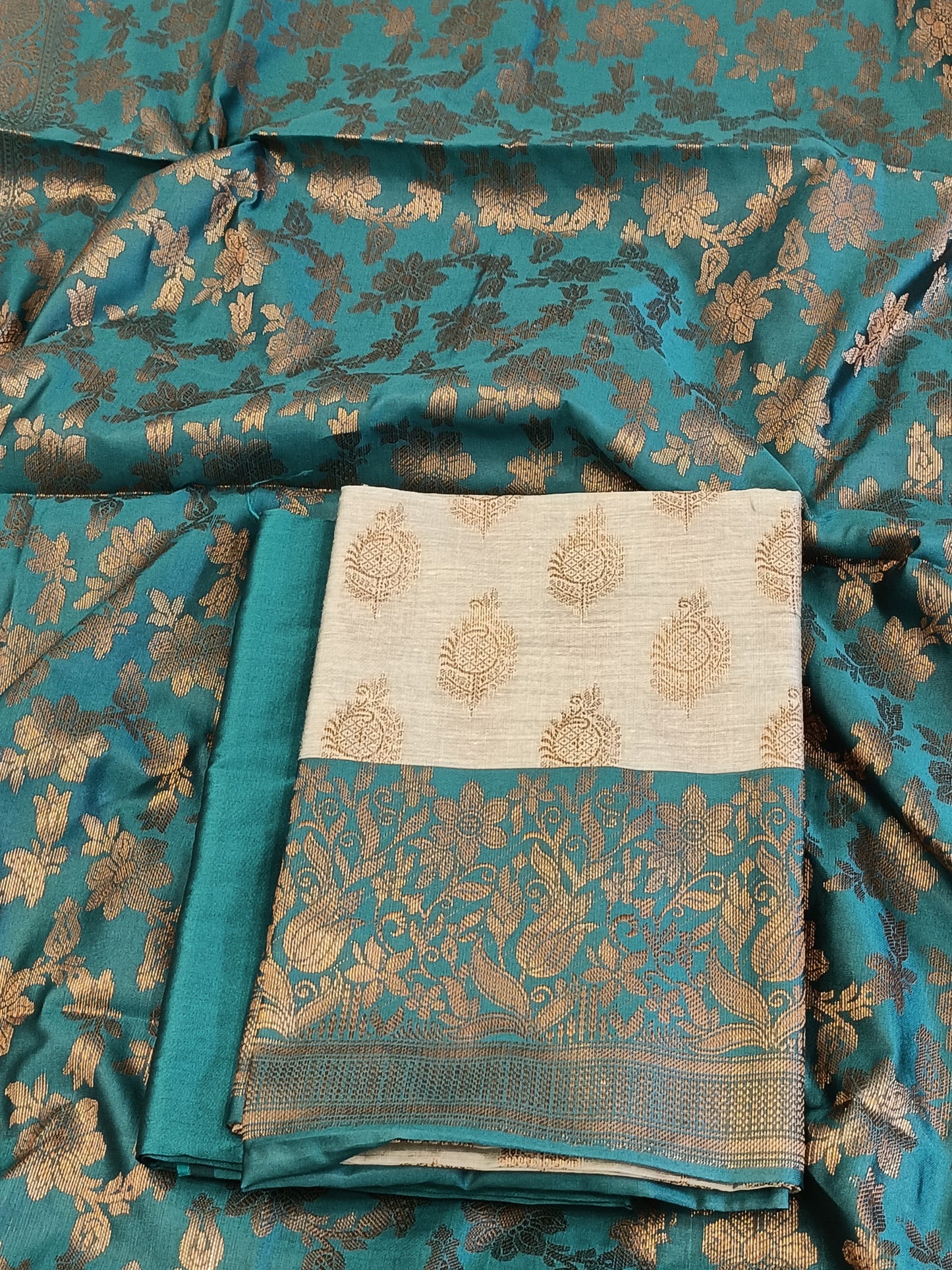 Light seagreen Cotton Floral Zari Booti with Contrast Seagreen Silk Border Banarasi Suit 525IM_CTN9