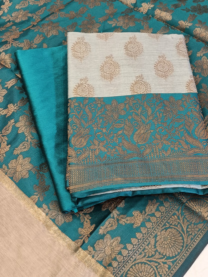 Light seagreen Cotton Floral Zari Booti with Contrast Seagreen Silk Border Banarasi Suit 525IM_CTN9