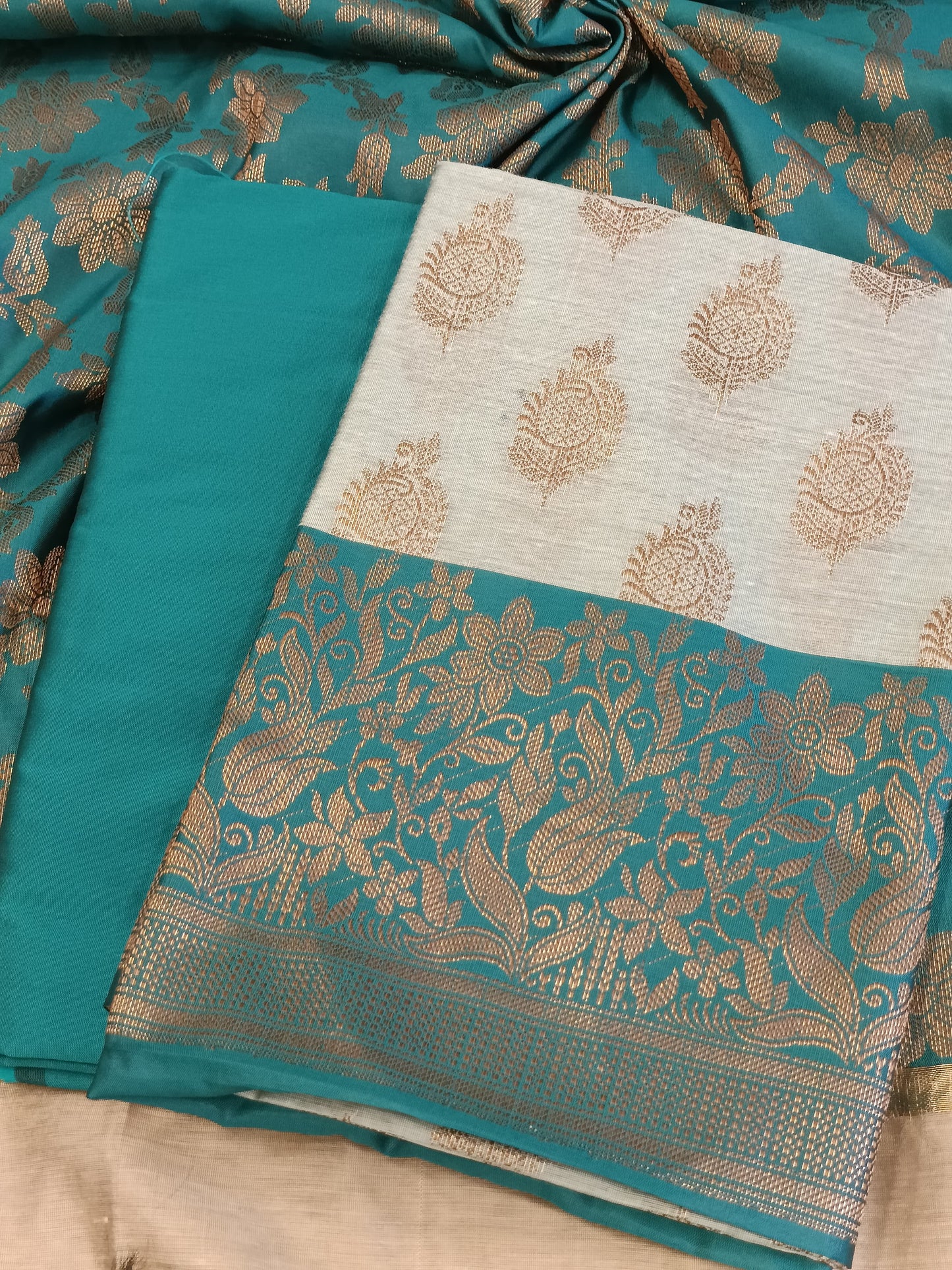 Light seagreen Cotton Floral Zari Booti with Contrast Seagreen Silk Border Banarasi Suit 525IM_CTN9