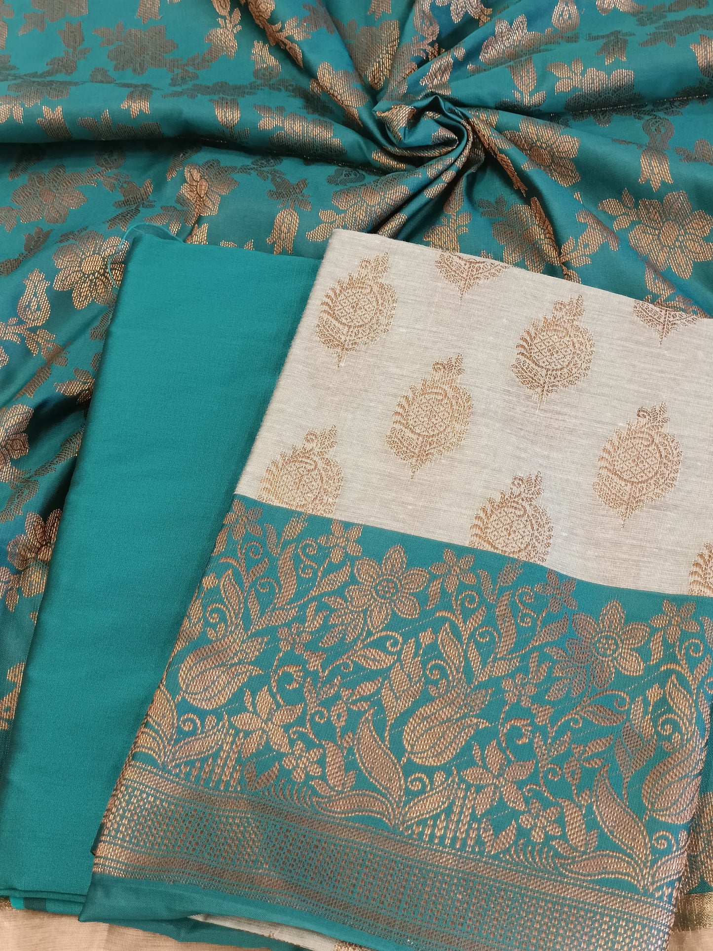 Light seagreen Cotton Floral Zari Booti with Contrast Seagreen Silk Border Banarasi Suit 525IM_CTN9
