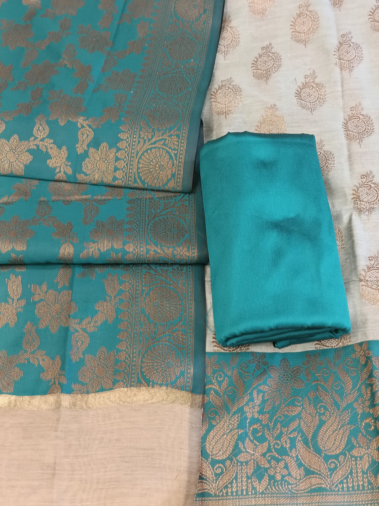 Light seagreen Cotton Floral Zari Booti with Contrast Seagreen Silk Border Banarasi Suit 525IM_CTN9