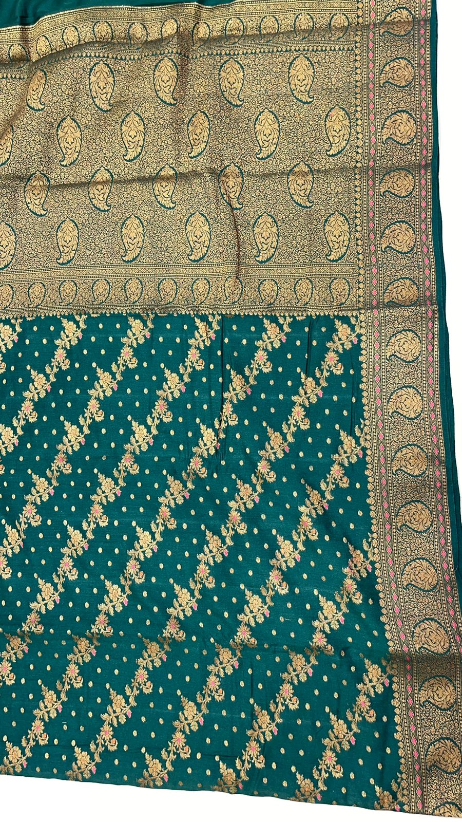 Faishana Presents Pure Silk Handloom Dark Green Muga Silk with Copper Zari Paisley Border and Dark Green Blouse