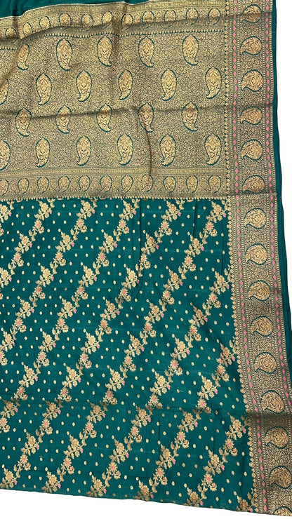 Faishana Presents Pure Silk Handloom Dark Green Muga Silk with Copper Zari Paisley Border and Dark Green Blouse
