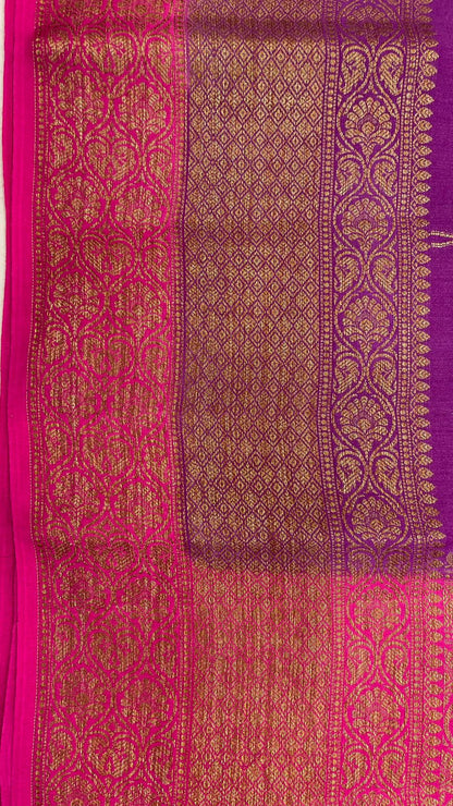 Faishana Pure Silk Handloom Purple Muga Silk Zari Mina Floral Booti Contrast Magenta Anchal Copper Zari Border Banarasi Saree with Magenta Blouse