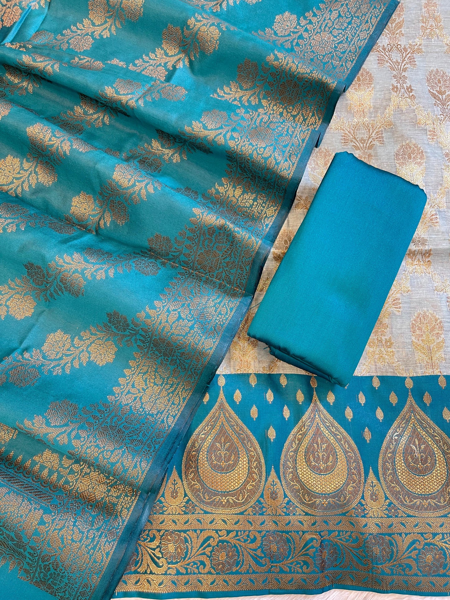 Seagreen Cotton Alfi Zari Jaal Contrast Darkseagreen Silk Border Banarasi Suit 55IM_CTN11