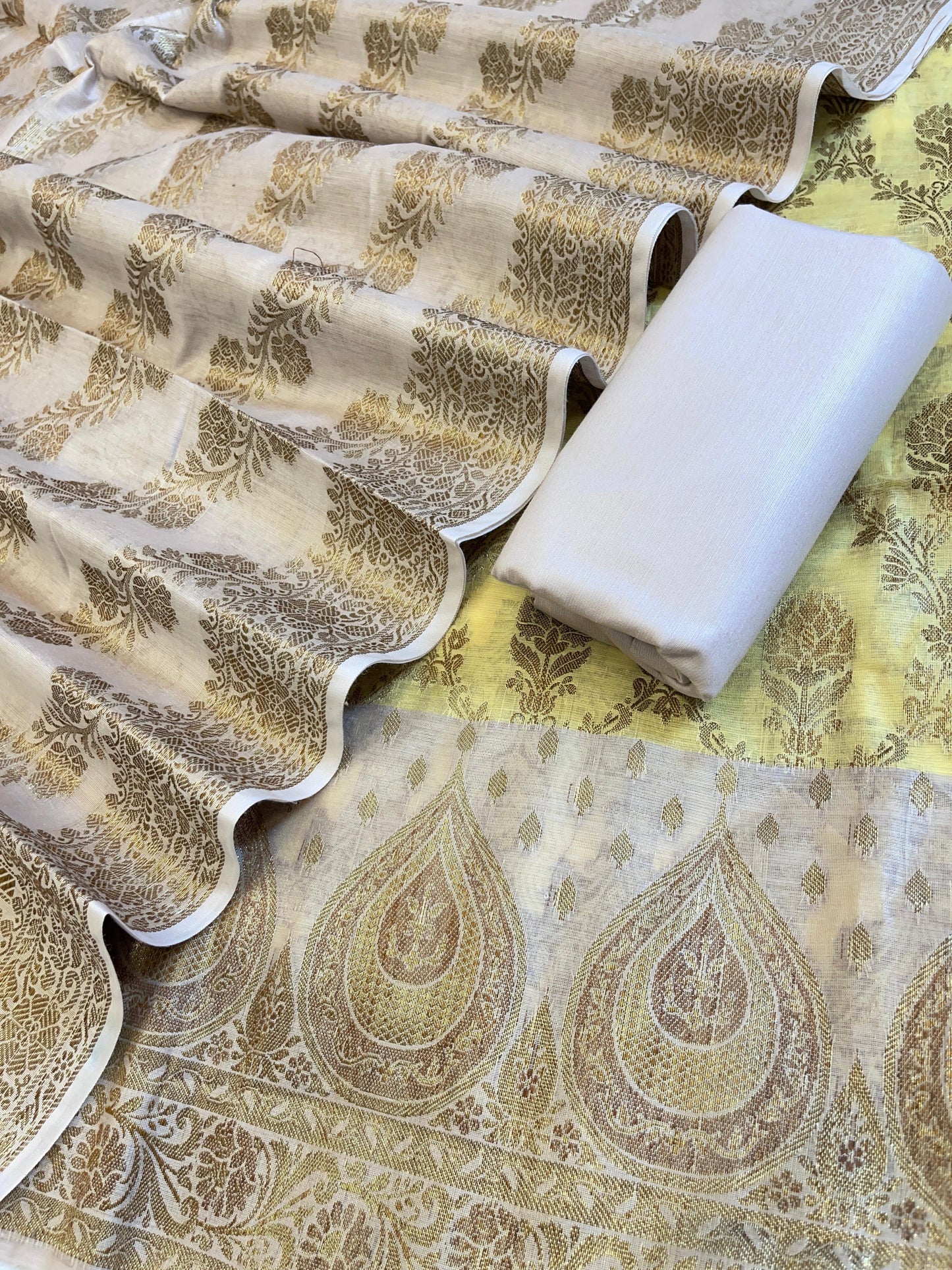 Yellow Cotton Alfi Zari Jaal Contrast Mauve Border Banarasi Suit 55IM_CTN2