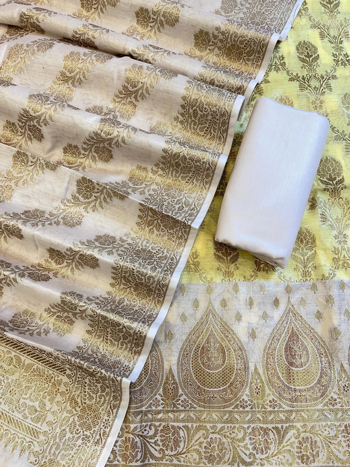 Yellow Cotton Alfi Zari Jaal Contrast Mauve Border Banarasi Suit 55IM_CTN2