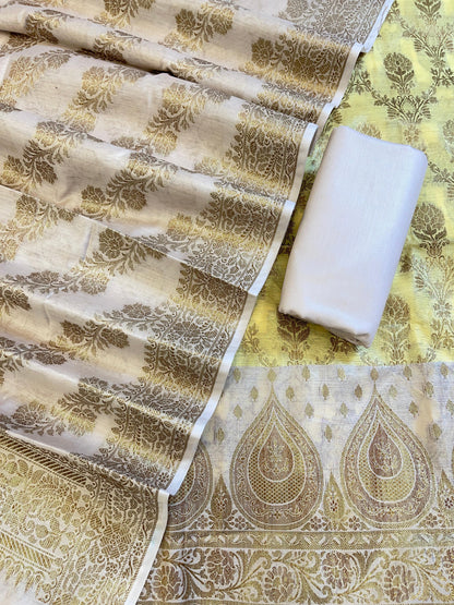 Yellow Cotton Alfi Zari Jaal Contrast Mauve Border Banarasi Suit 55IM_CTN2