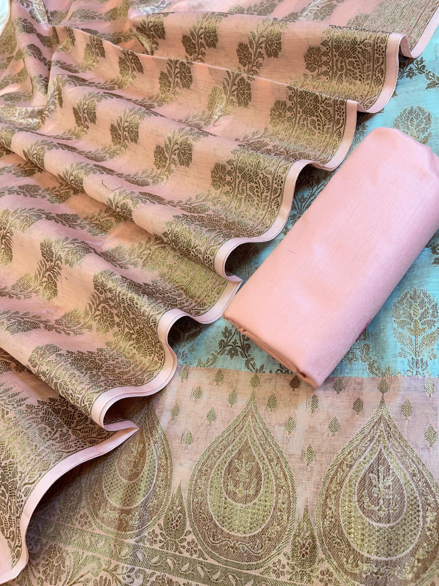 Seagreen Cotton Alfi Zari Jaal Contrast Peach Border Banarasi Suit 55IM_CTN3