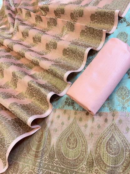 Seagreen Cotton Alfi Zari Jaal Contrast Peach Border Banarasi Suit 55IM_CTN3