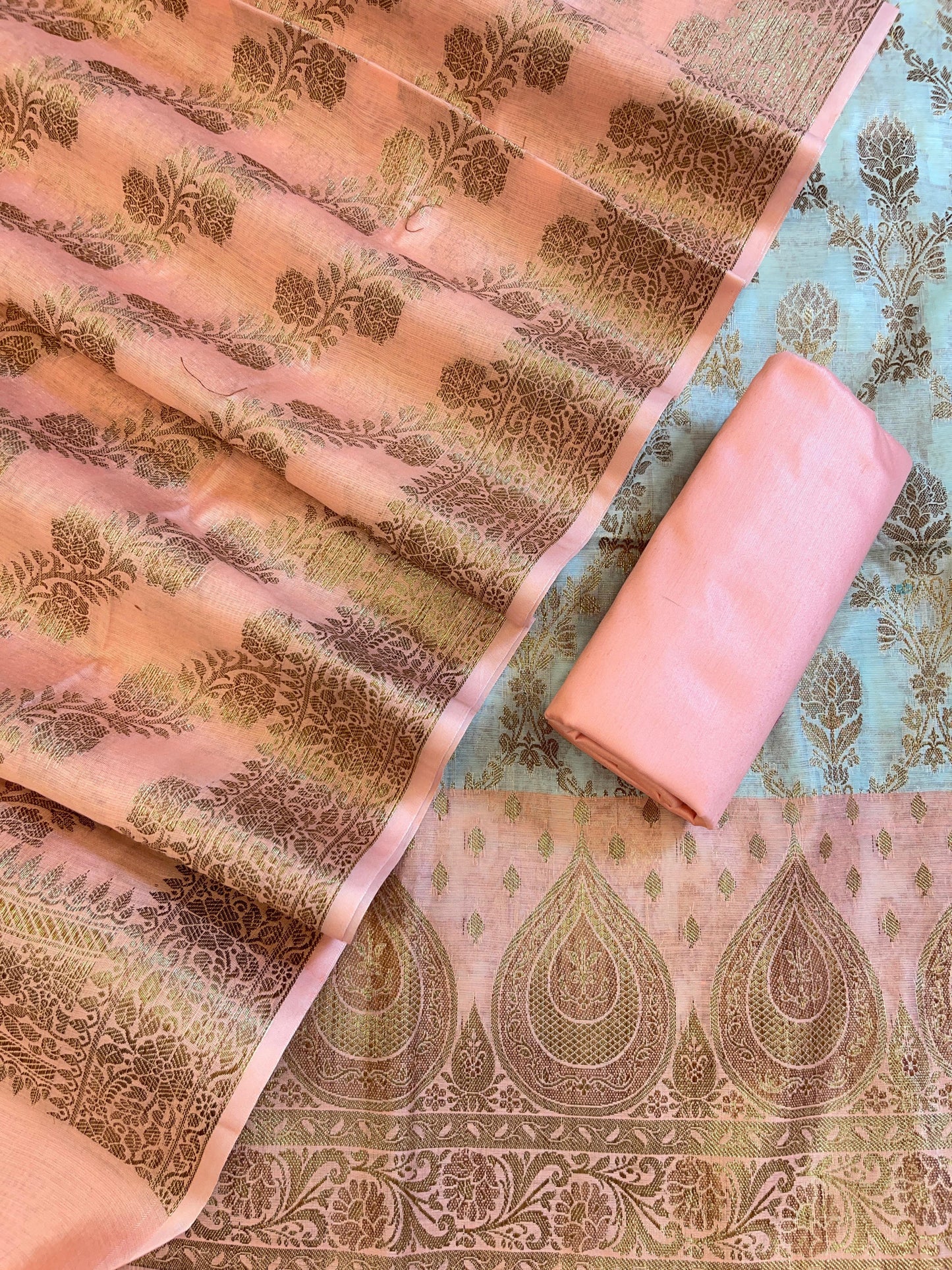 Seagreen Cotton Alfi Zari Jaal Contrast Peach Border Banarasi Suit 55IM_CTN3