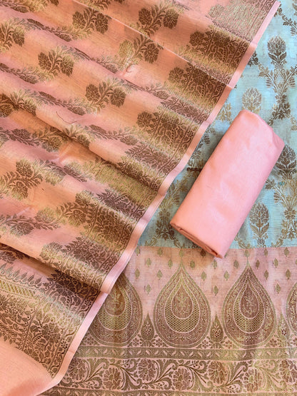 Seagreen Cotton Alfi Zari Jaal Contrast Peach Border Banarasi Suit 55IM_CTN3