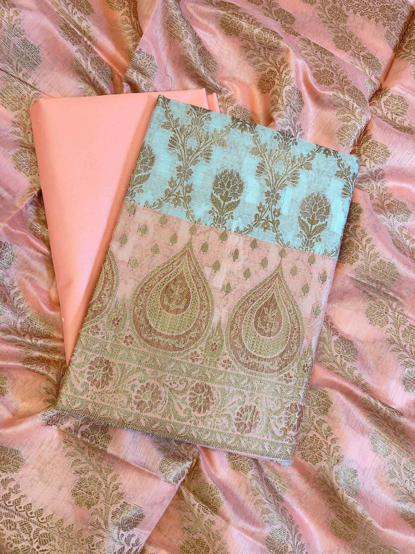 Seagreen Cotton Alfi Zari Jaal Contrast Peach Border Banarasi Suit 55IM_CTN3