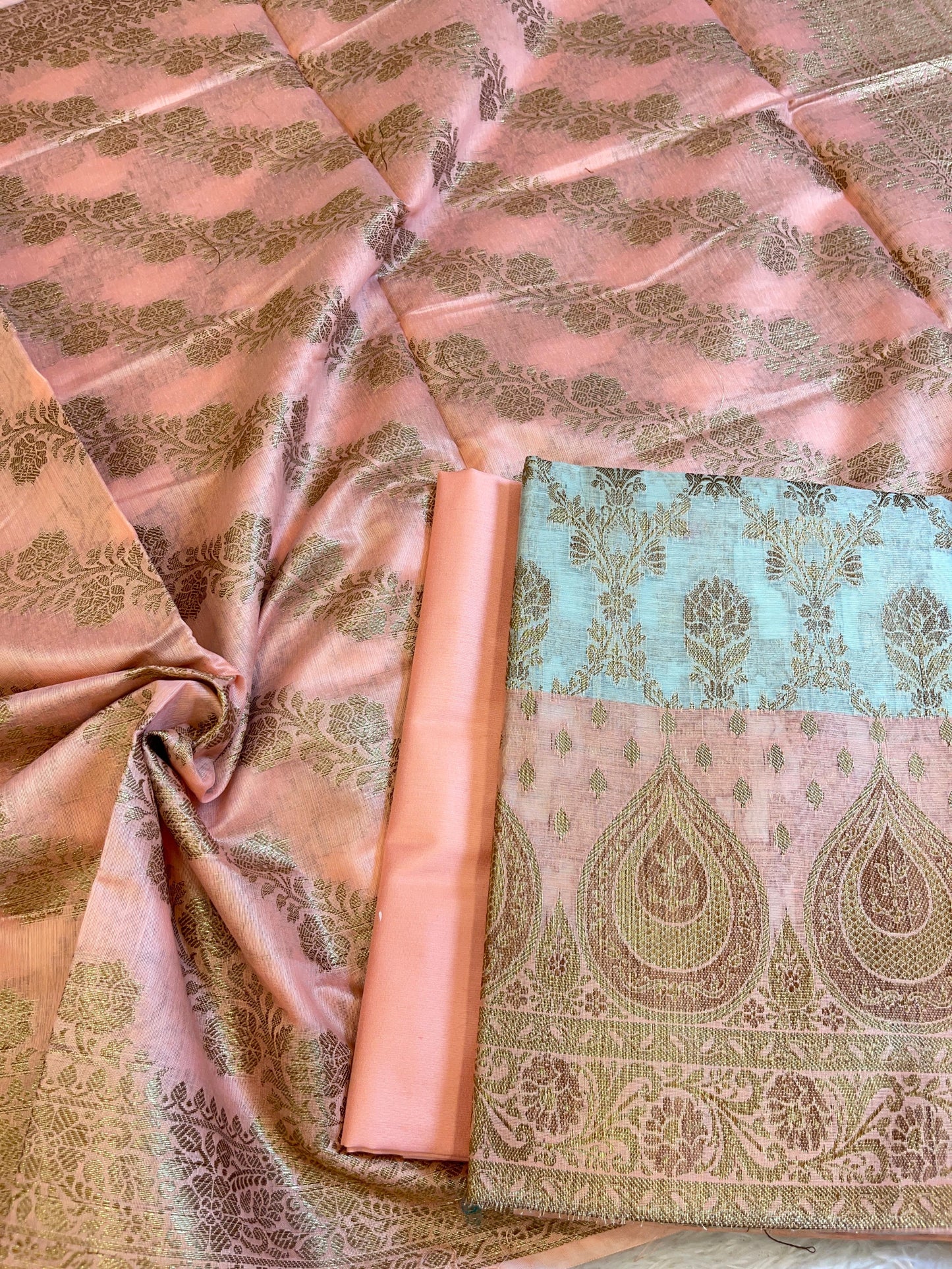 Seagreen Cotton Alfi Zari Jaal Contrast Peach Border Banarasi Suit 55IM_CTN3