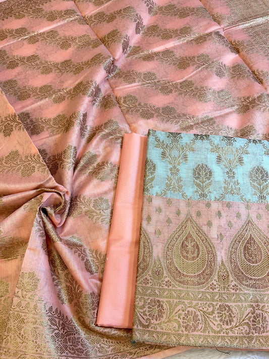 Seagreen Cotton Alfi Zari Jaal Contrast Peach Border Banarasi Suit 55IM_CTN3
