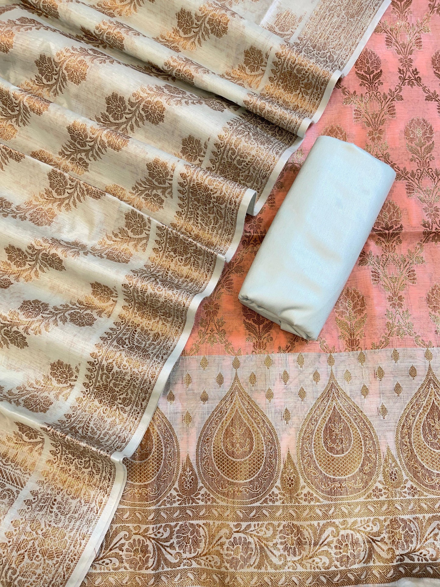 Peach Cotton Alfi Zari Jaal Contrast Blue Border Banarasi Suit 55IM_CTN4