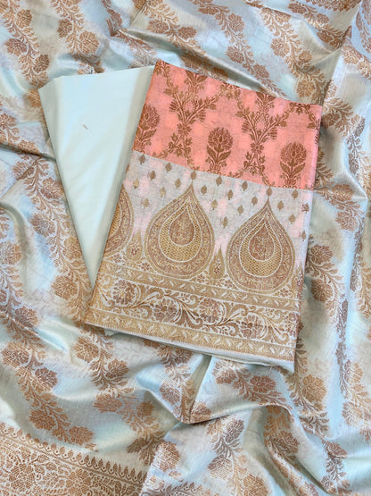 Peach Cotton Alfi Zari Jaal Contrast Blue Border Banarasi Suit 55IM_CTN4