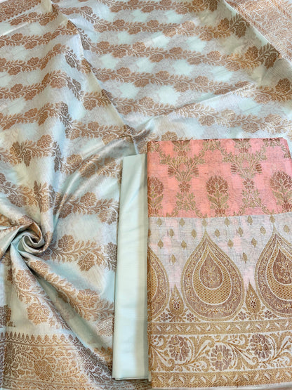 Peach Cotton Alfi Zari Jaal Contrast Blue Border Banarasi Suit 55IM_CTN4