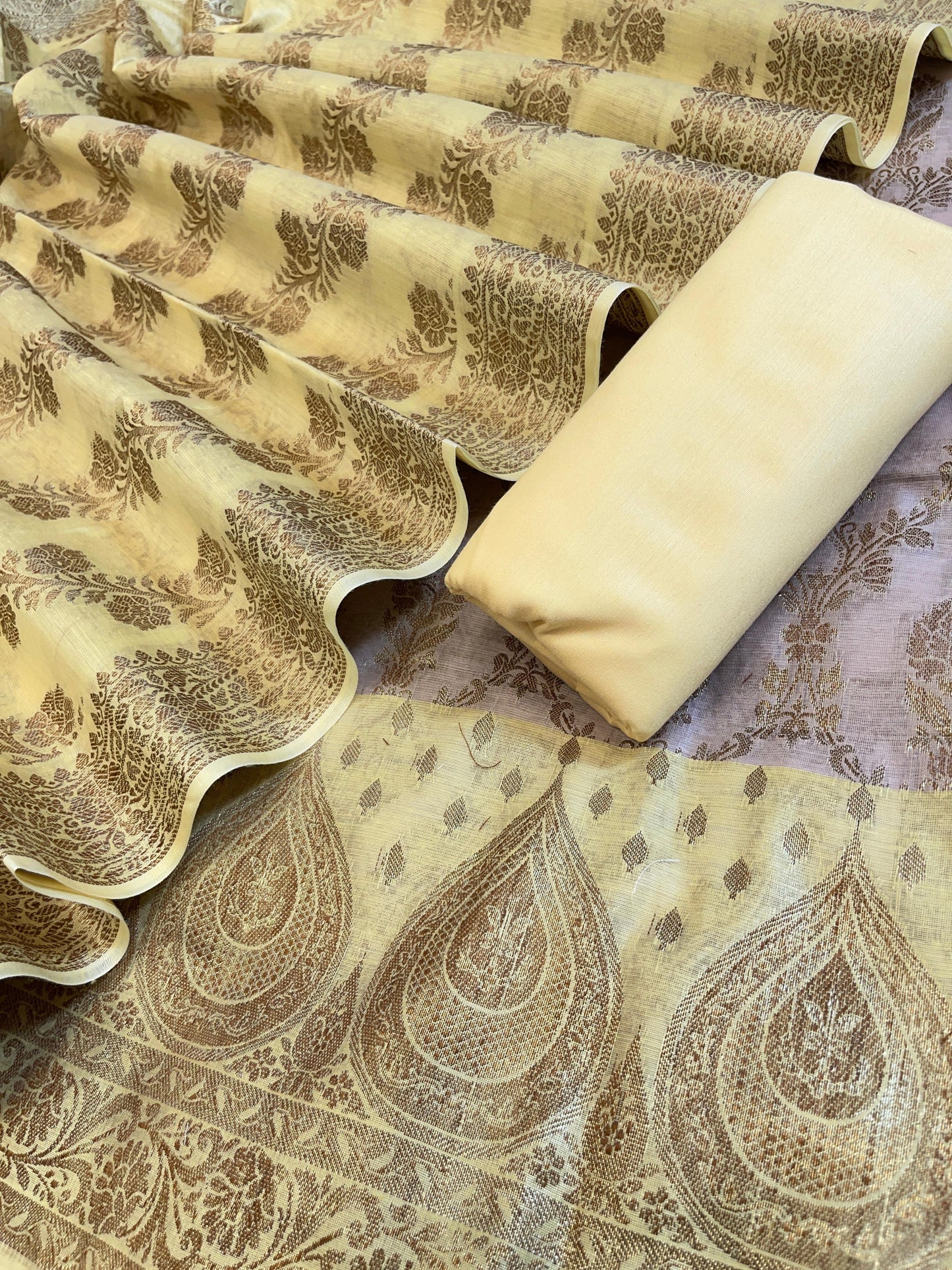 Mauve Cotton Alfi Zari Jaal Contrast Yellow Border Banarasi Suit 55IM_CTN5