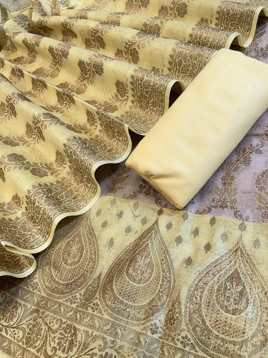 Mauve Cotton Alfi Zari Jaal Contrast Yellow Border Banarasi Suit 55IM_CTN5