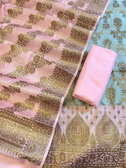 Blue Cotton Alfi Zari Jaal Contrast Pink Border Banarasi Suit 55IM_CTN6