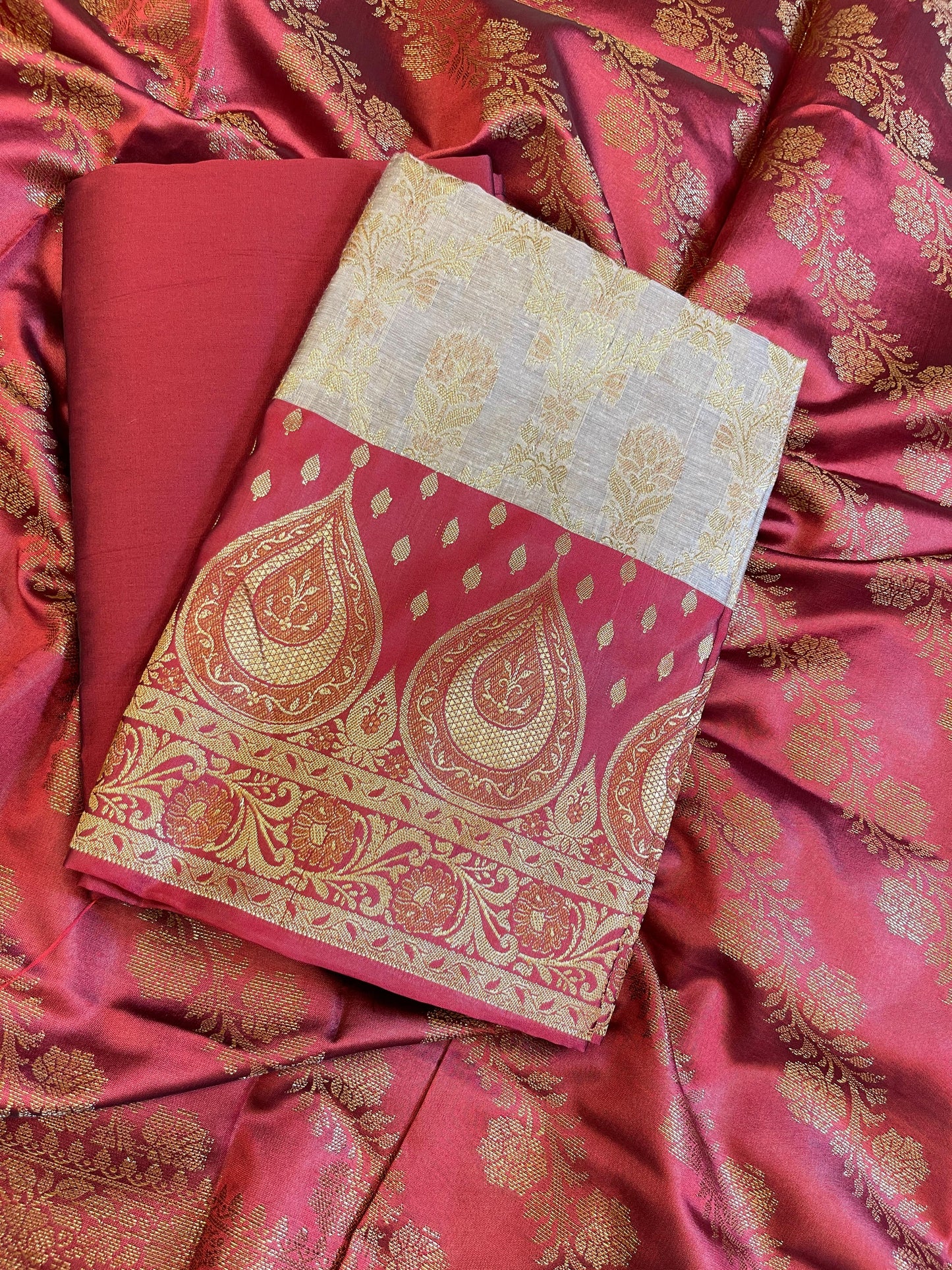 Tussar Cotton Alfi Zari Jaal Contrast Maroon Silk Border Banarasi Suit 55IM_CTN7