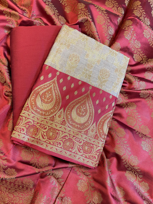 Tussar Cotton Alfi Zari Jaal Contrast Maroon Silk Border Banarasi Suit 55IM_CTN7