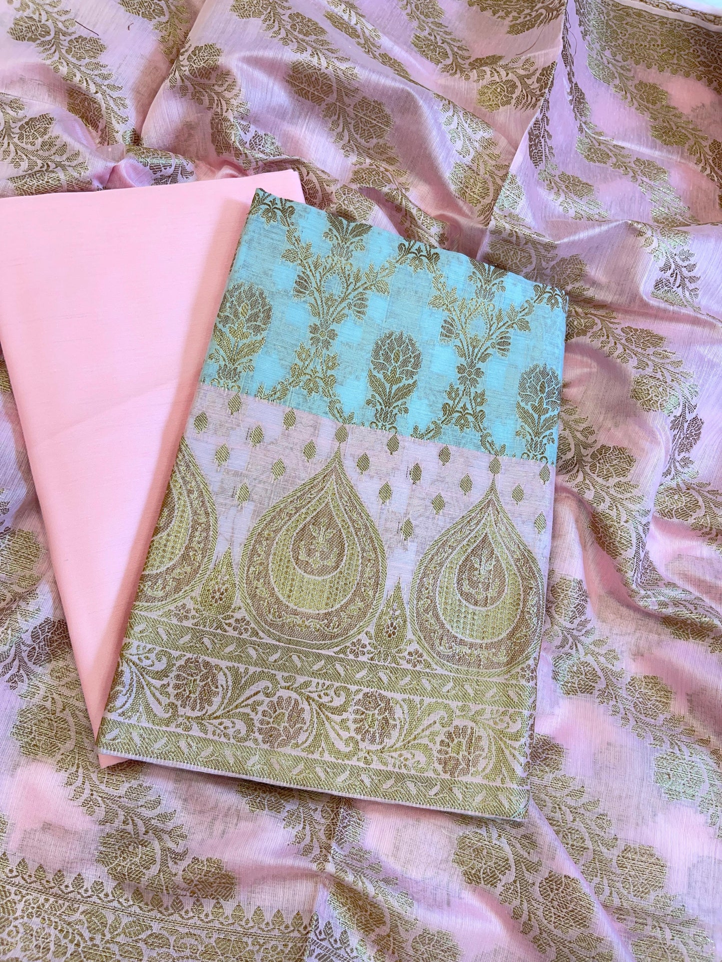 Blue Cotton Alfi Zari Jaal Contrast Pink Border Banarasi Suit 55IM_CTN6