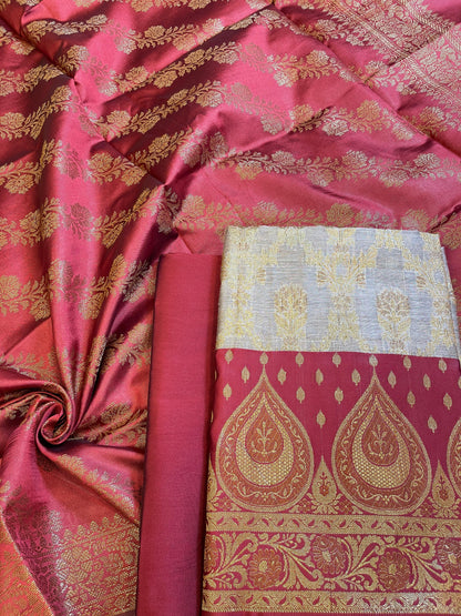 Tussar Cotton Alfi Zari Jaal Contrast Maroon Silk Border Banarasi Suit 55IM_CTN7
