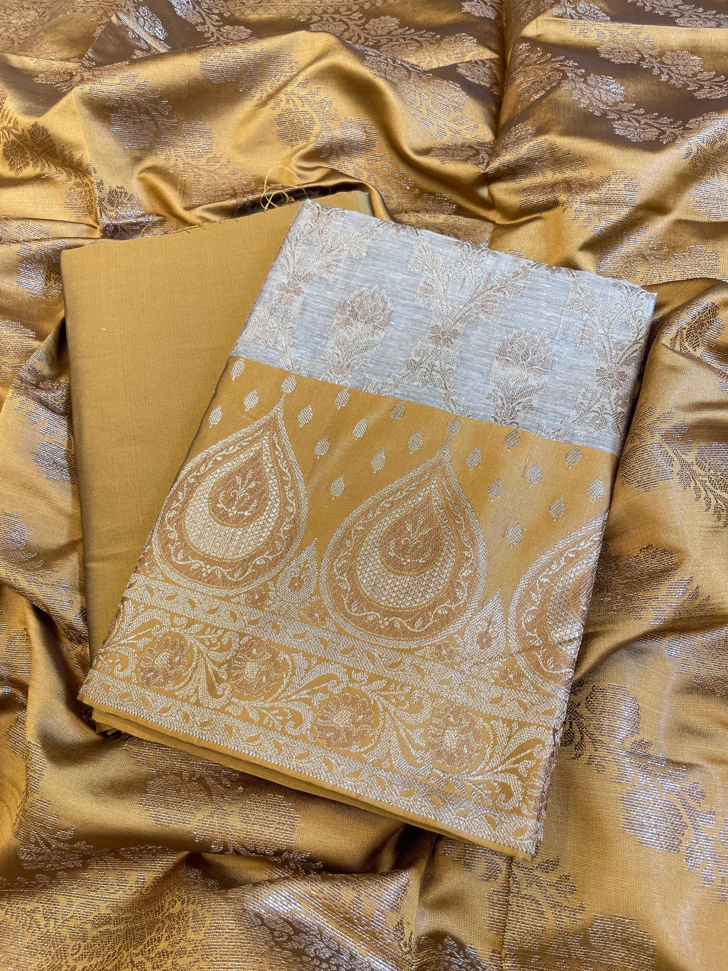 Tussar Cotton Alfi Zari Jaal Contrast Mustard Silk Border Banarasi Suit 55IM_CTN8