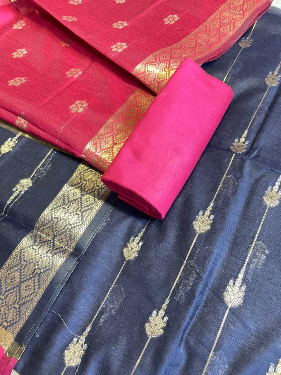 Navy Blue Maheshwari Cotton Stripe Zari Banarasi Suit with Contrast Pink Dupatta 575DAN_MAH1