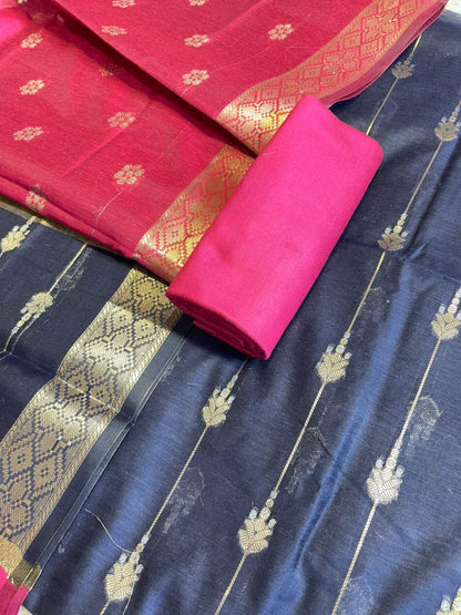 Navy Blue Maheshwari Cotton Stripe Zari Banarasi Suit with Contrast Pink Dupatta 575DAN_MAH1