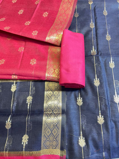 Navy Blue Maheshwari Cotton Stripe Zari Banarasi Suit with Contrast Pink Dupatta 575DAN_MAH1
