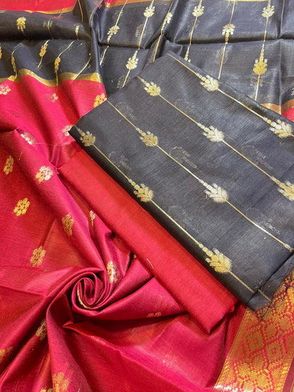 Navy Blue Maheshwari Cotton Stripe Zari Banarasi Suit with Contrast Pink Dupatta 575DAN_MAH1