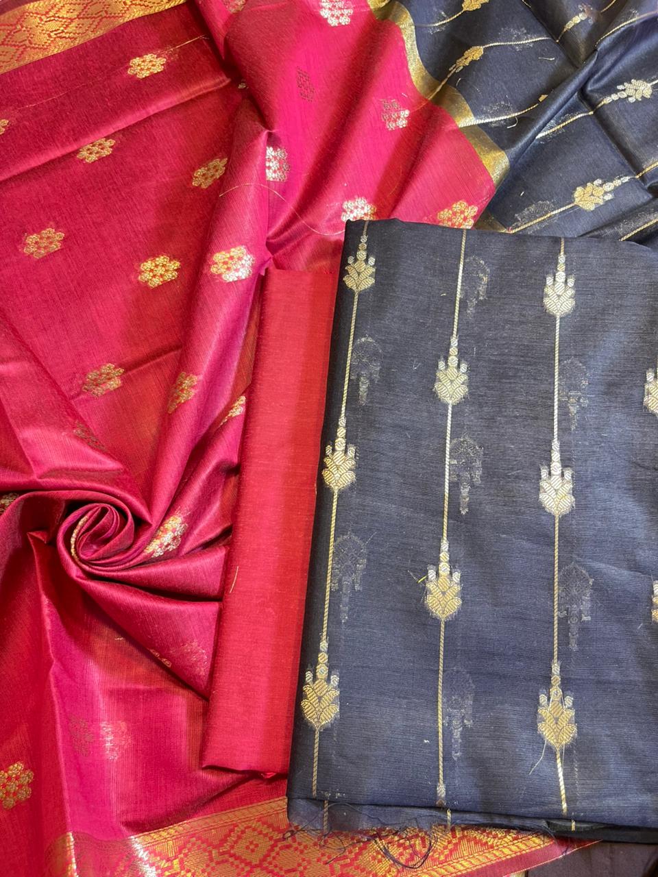 Navy Blue Maheshwari Cotton Stripe Zari Banarasi Suit with Contrast Pink Dupatta 575DAN_MAH1