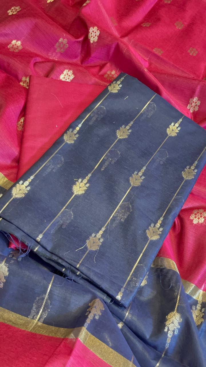 Navy Blue Maheshwari Cotton Stripe Zari Banarasi Suit with Contrast Pink Dupatta 575DAN_MAH1