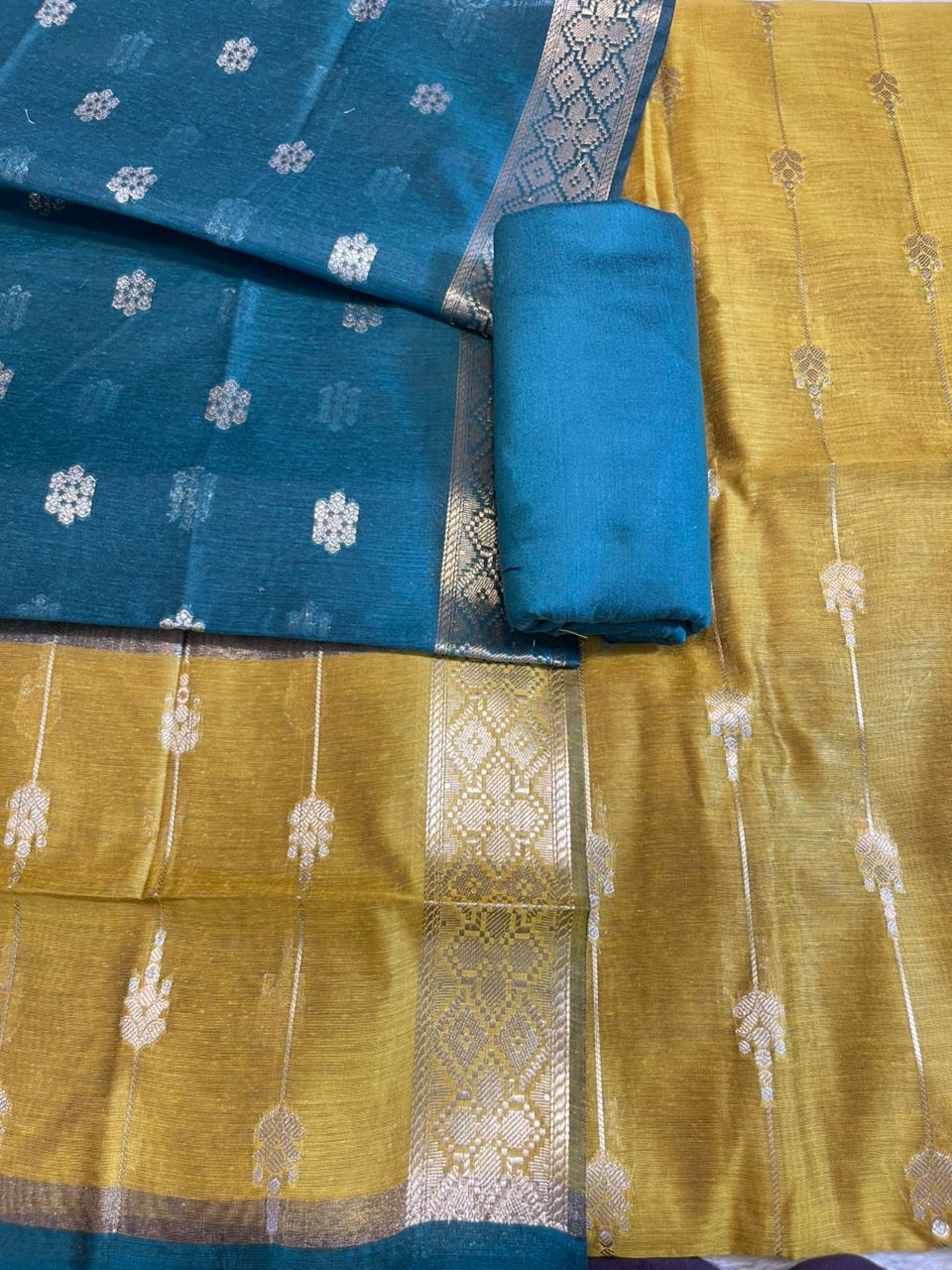 Mustard Gold Maheshwari Cotton Stripe Zari Banarasi Suit with Contrast Seagreen Dupatta 575DAN_MAH2